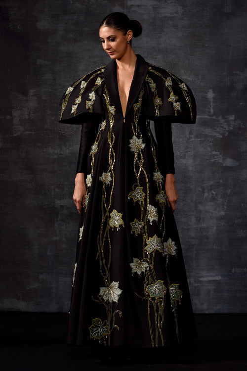 Black Cotton Silk Lapel-Neck Floor-Length Gown