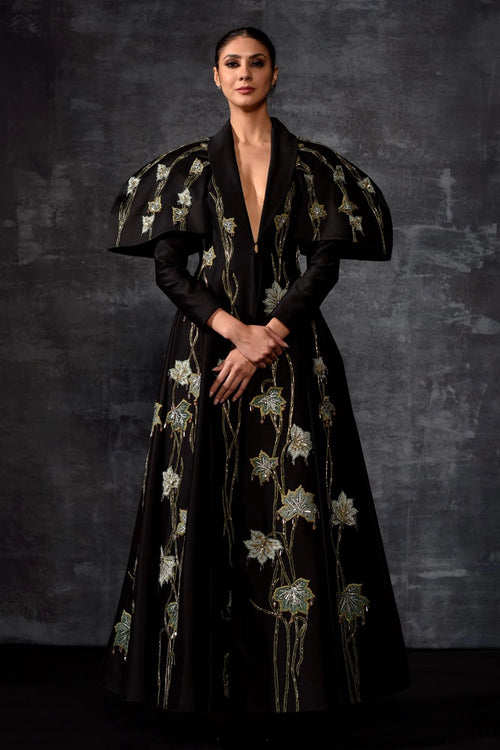 Black Cotton Silk Lapel-Neck Floor-Length Gown