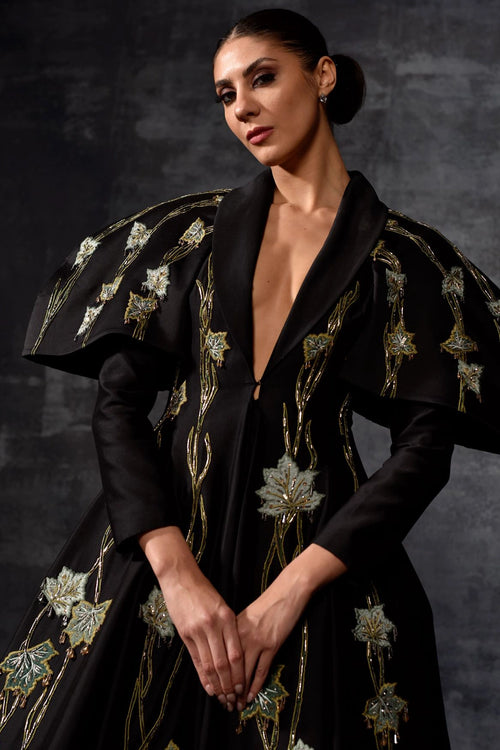 Black Cotton Silk Lapel-Neck Floor-Length Gown