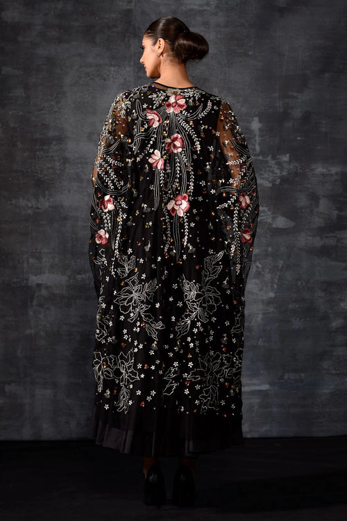 Black Floral Embroidered Cape Dress