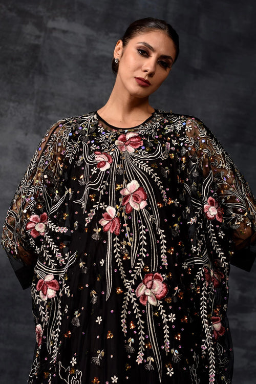 Black Floral Embroidered Cape Dress