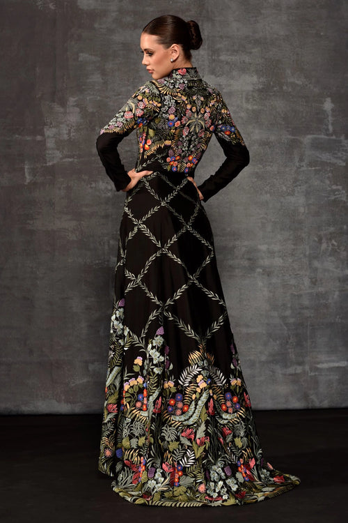 Floral Embroidered Mandarin Collar Longline Jacket Set