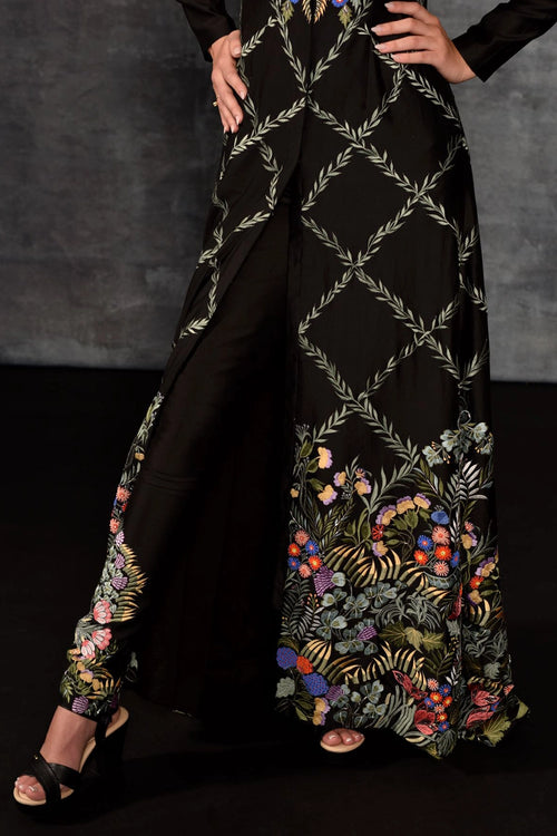 Floral Embroidered Mandarin Collar Longline Jacket Set