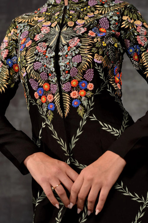 Floral Embroidered Mandarin Collar Longline Jacket Set