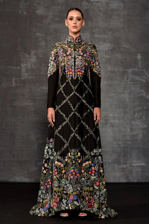 Floral Embroidered Mandarin Collar Longline Jacket Set