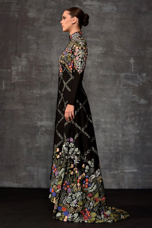 Floral Embroidered Mandarin Collar Longline Jacket Set