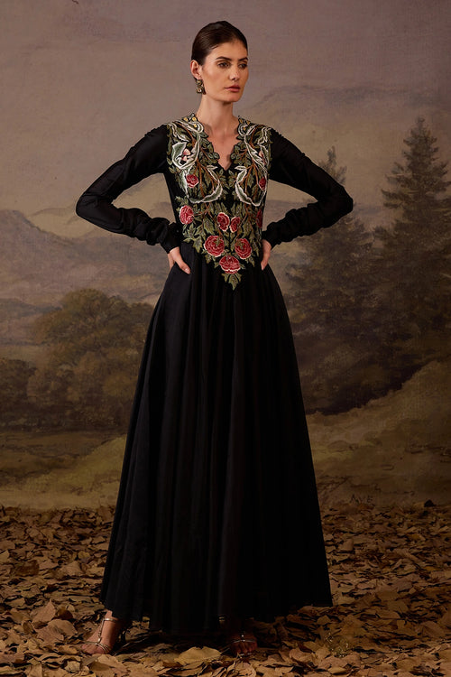 Black Dress with Bold Floral Embroidery