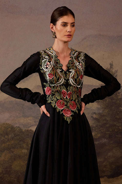 Black Dress with Bold Floral Embroidery