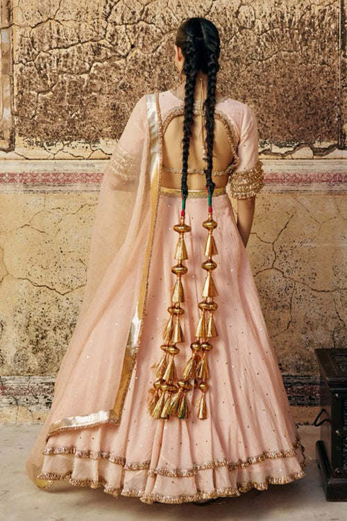 Vintage Blush Double Border Golden Zari Mukesh Lehenga