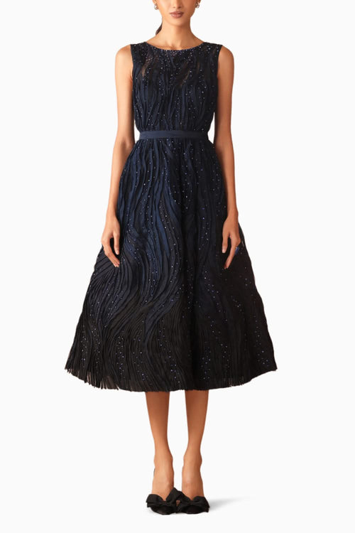 Midnight Blue Ombre Texture Midi With Belt