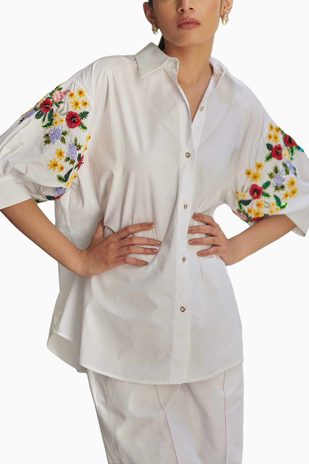 White Bouquet Floral Hand Embroidered Shirt
