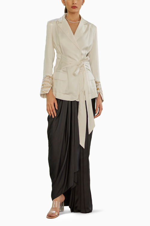 White and Black Camellia Silk Drape Set