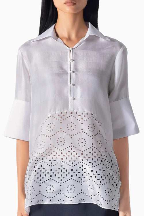White Cutwork Godet Shirt