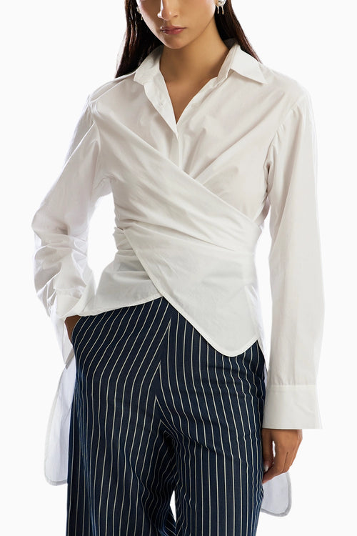 White Noise Wrap Shirt with Stripe Pants