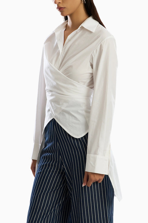 White Noise Wrap Shirt with Stripe Pants