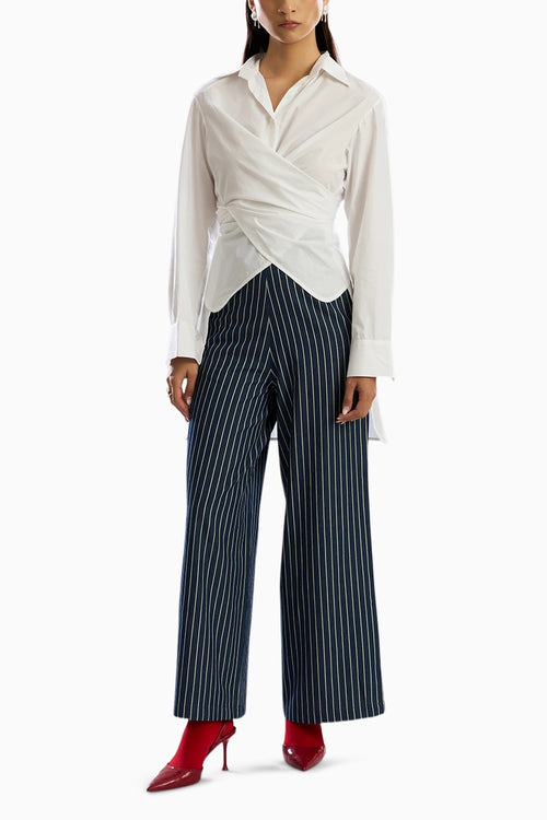 White Noise Wrap Shirt with Stripe Pants