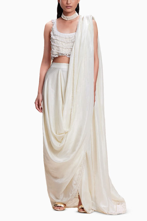 White Sari With Embellished Blouse