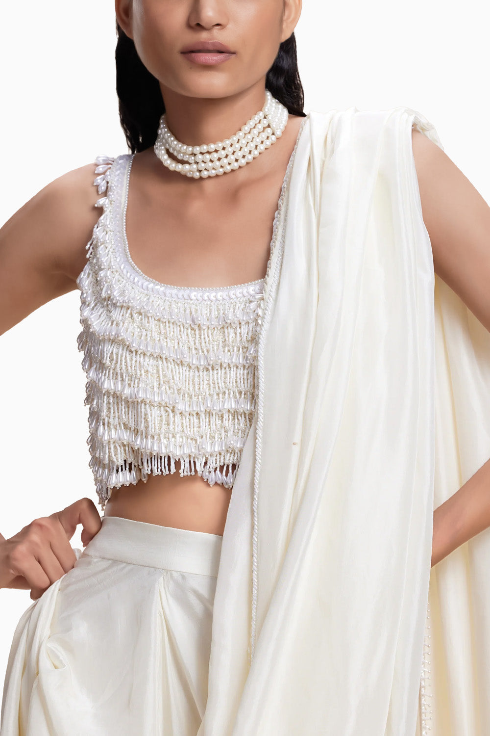 White Sari With Embellished Blouse