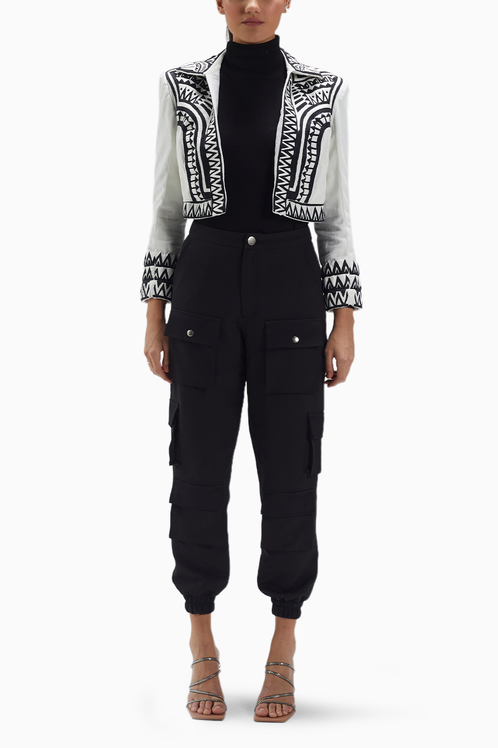 White Twill Black Thread Work Crop Jacket