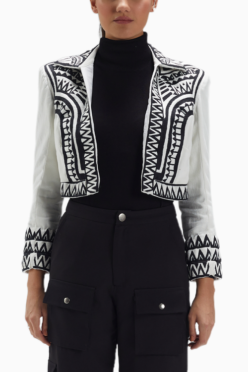 White Twill Black Thread Work Crop Jacket