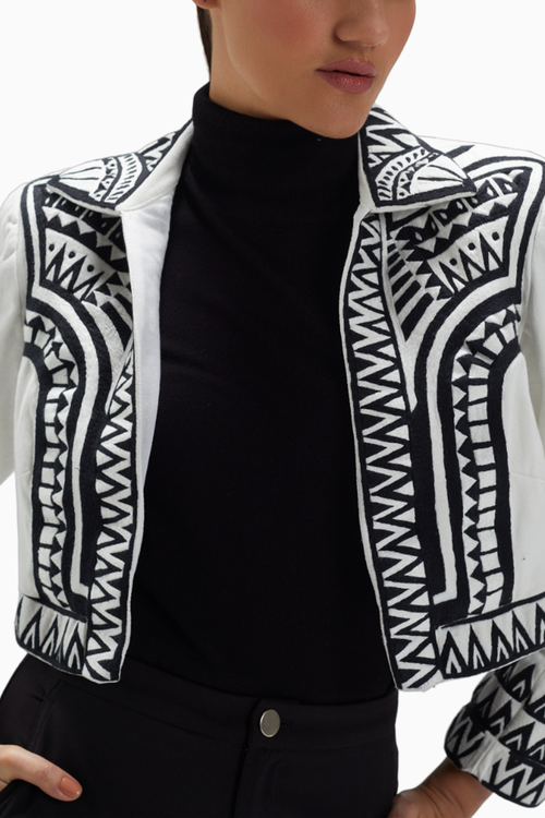 White Twill Black Thread Work Crop Jacket