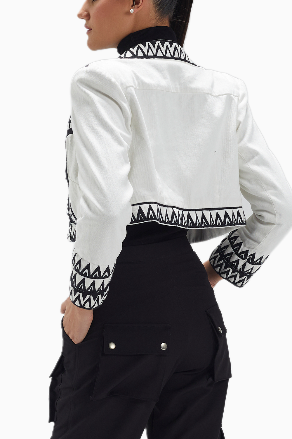 White Twill Black Thread Work Crop Jacket