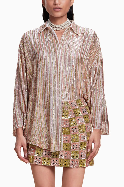 White & Peach Bling Shirt with Skirt Set