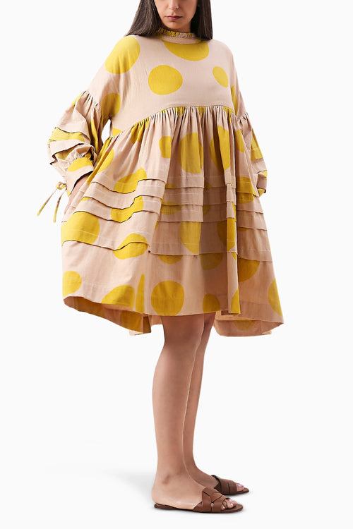 Yellow Hand Block Printed Polka Avira Dress