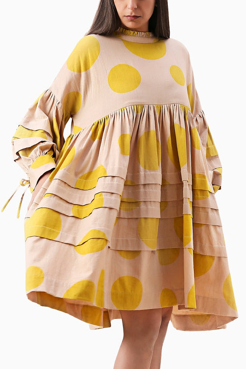 Yellow Hand Block Printed Polka Avira Dress