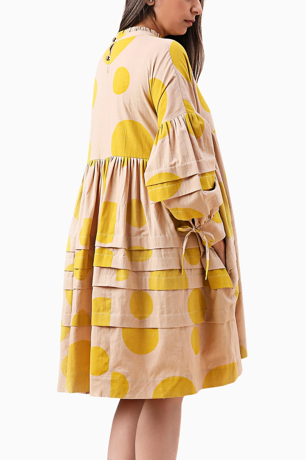 Yellow Hand Block Printed Polka Avira Dress