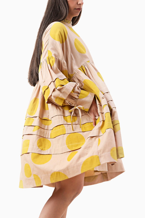 Yellow Hand Block Printed Polka Avira Dress