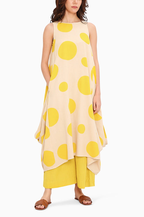 Yellow Hand Block Printed Polka Vari Co-Ord Set