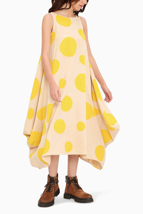 Yellow Hand Block Printed Polka Vari Dress