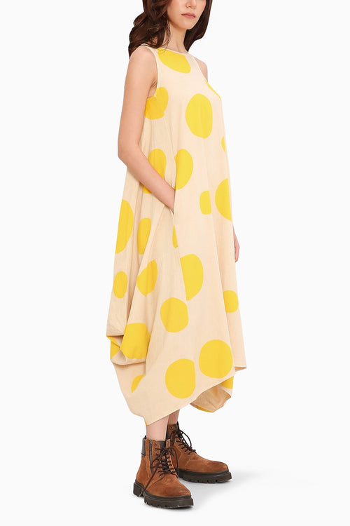 Yellow Hand Block Printed Polka Vari Dress