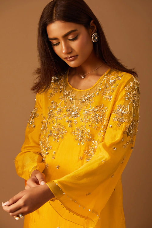 Saffron Floral Embroidered Silk Salwar Set