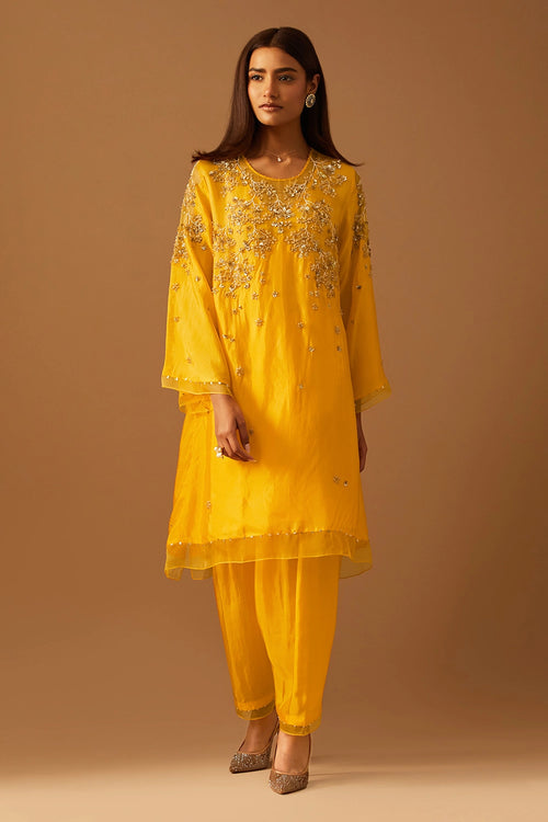 Saffron Floral Embroidered Silk Salwar Set