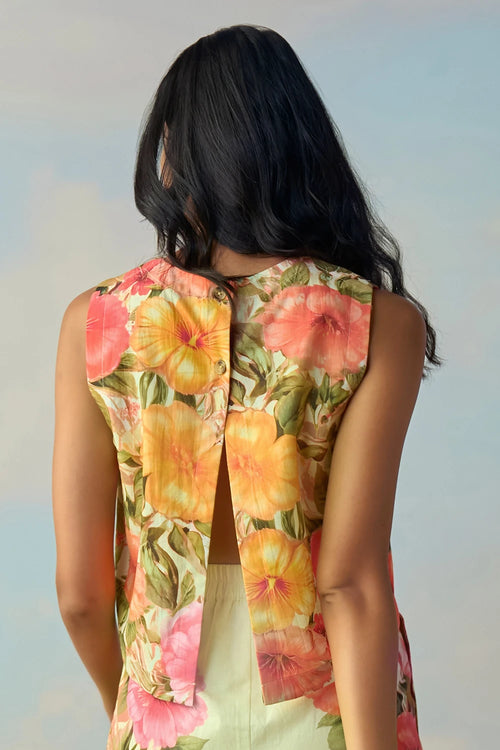 Linen Tulip Back Placed Floral Top