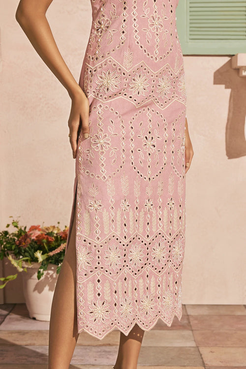 Blush Contrast Cutwork Straight Dress