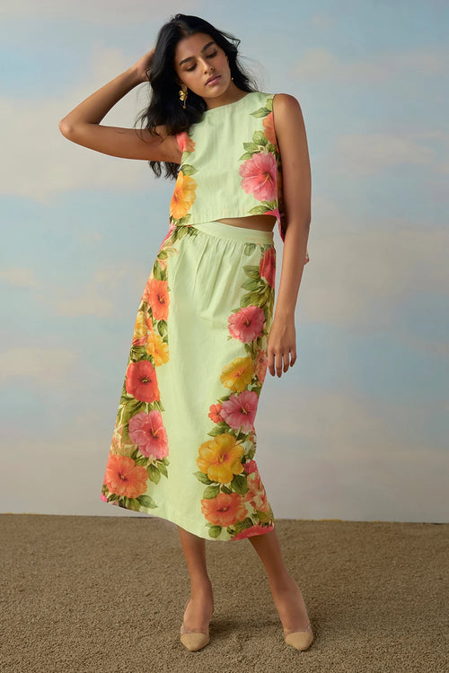 Linen Tulip Back Placed Floral Co-ord Set