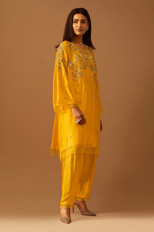 Saffron Floral Embroidered Silk Salwar Set