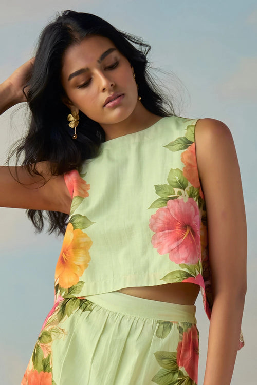 Linen Tulip Back Placed Floral Top