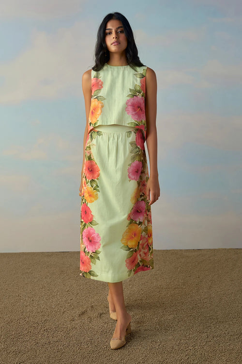 Linen Tulip Back Placed Floral Co-ord Set