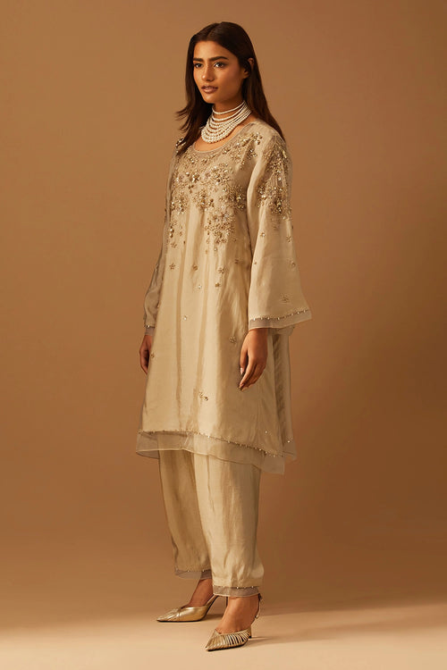 Shell Floral Embroidered Silk Salwar Set