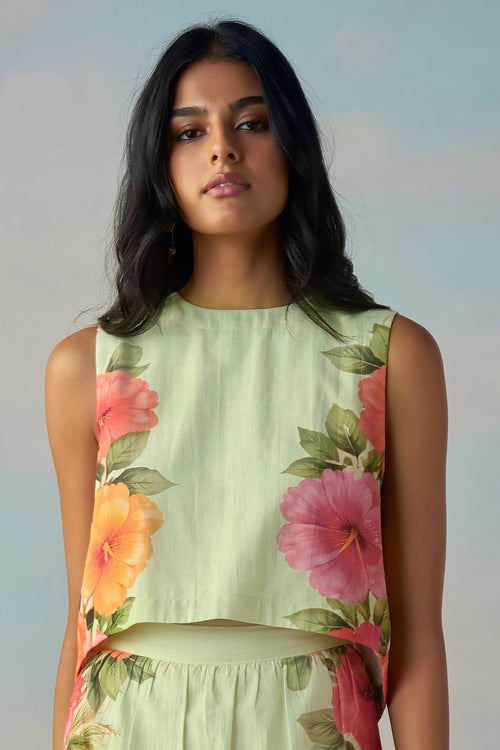 Linen Tulip Back Placed Floral Co-ord Set