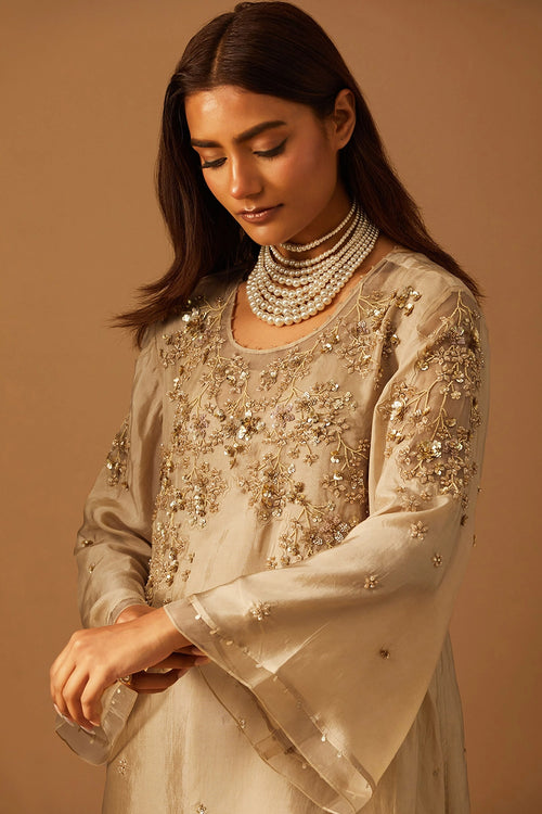Shell Floral Embroidered Silk Salwar Set