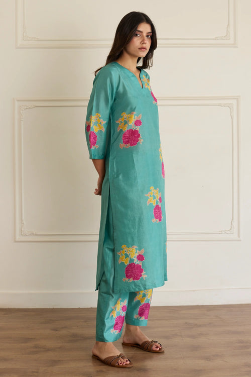Tropical Bloom Aqua Silk Duo Co-ord Set
