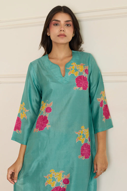 Tropical Bloom Aqua Silk Duo Co-ord Set