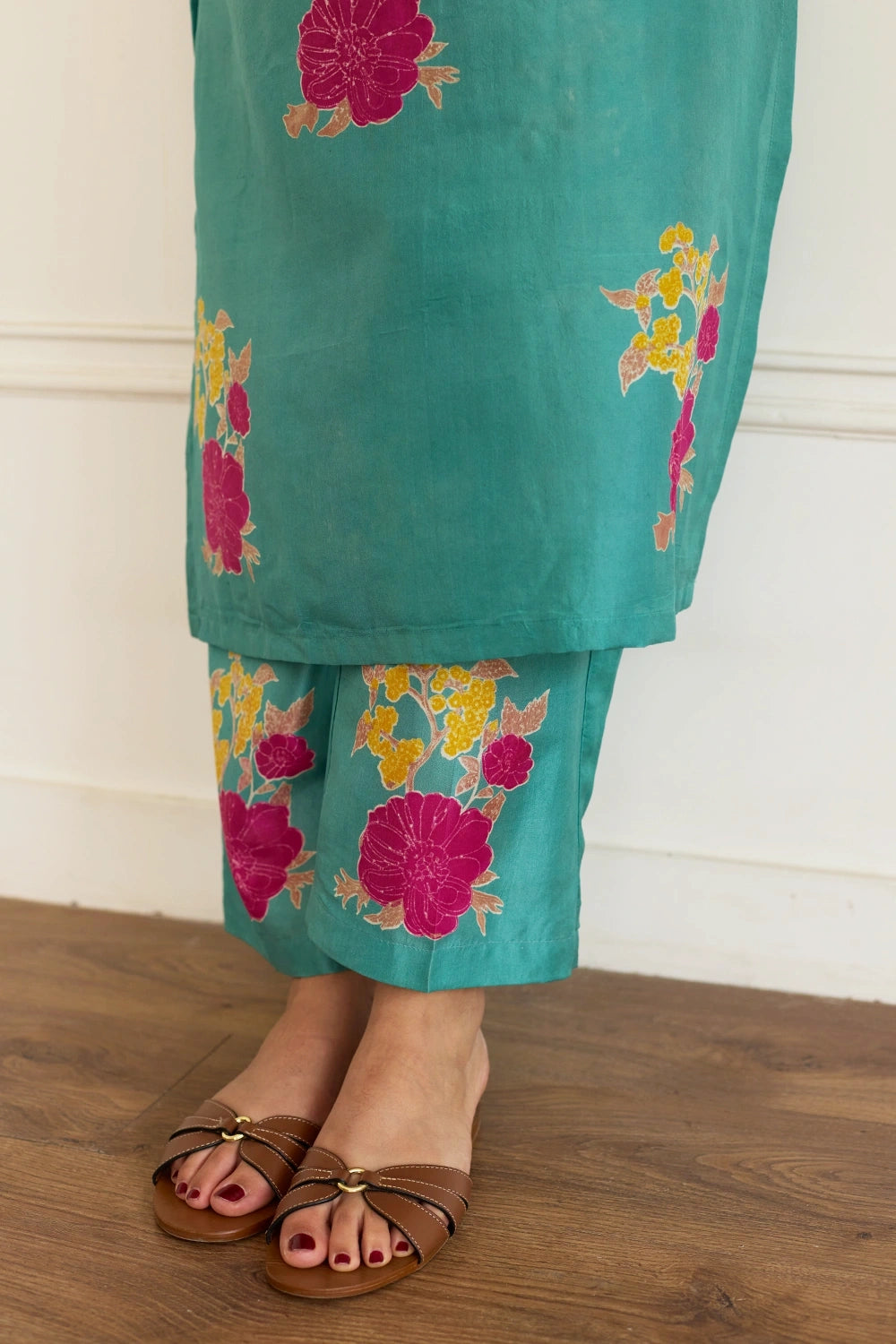 Tropical Bloom Aqua Silk Duo Co-ord Set