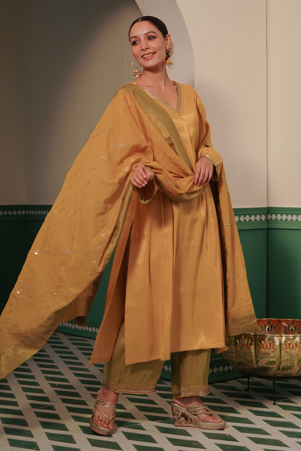 Sunshine Tissue Kurta and Pants with Mul Chanderi Dupatta