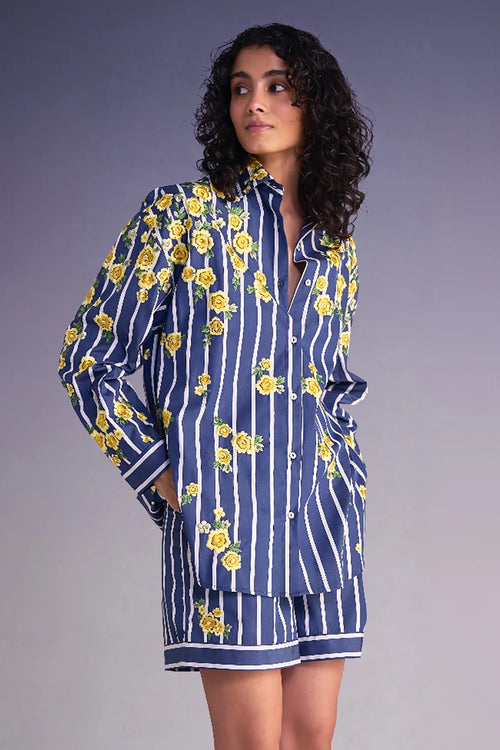 Floral Embroidered Stripe Shirt And Shorts Set